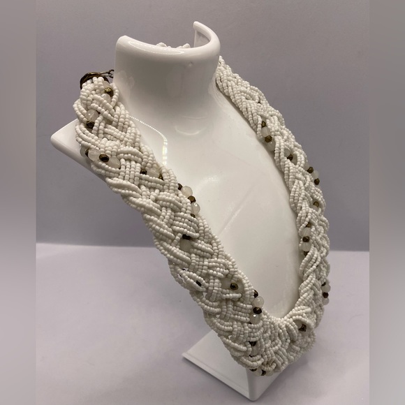 3 for $30 Vintage 90s Braided White Seed Bead Choker Necklace Multi Strand - Picture 2 of 10